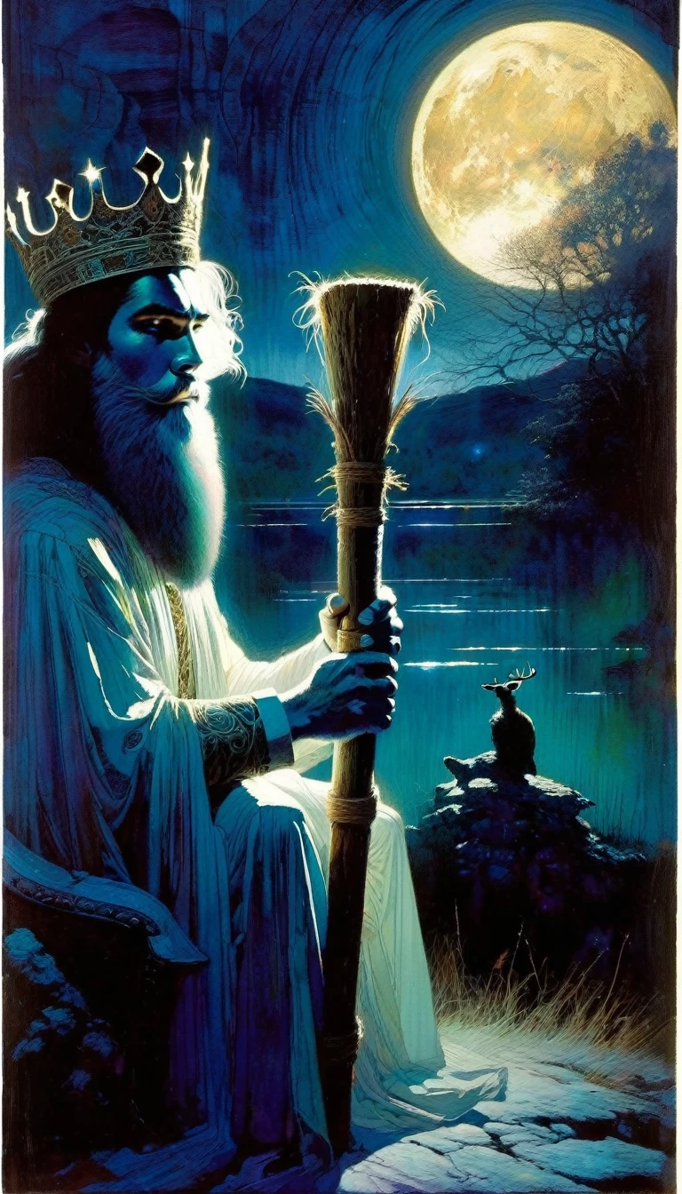 charismatic and attractive king on his throne, carrying a wooden post in one hand, we see through the moonlit night window, great landscape (art inspired by Bill Sienkiewicz, intricate details, oil painting)