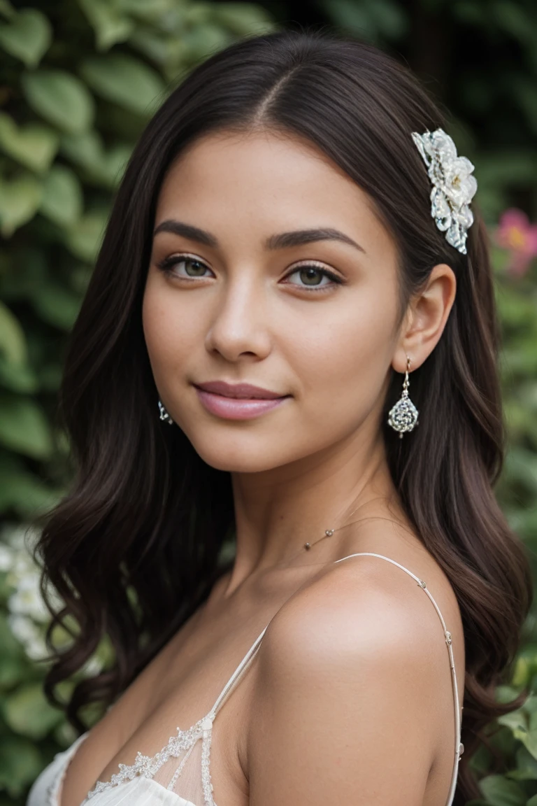 Portrait glamour mi-long, Nikon D850, F1.6 lens, 200mm, digital SLR, 22 megapixels, (((Private garden'a Mediterranean villa on the Marbella scene))), photo d'a stunning 20 year old portuguese girl, (ssmile:1.4), (portant une robe de cocktail en dentelle violette avec dos ouvert:1.6), ((seductive pose)), fille chaude, (((big natural tits))), (((brown hair in ponytail))), (), symmetrical face, photorealistic, la photographie, (bright natural lighting), magnificent, deep neckline, (head of'artwork), best quality, high resolution, extremely detailed, Cinematic lighting, (((very narrow waist))), rich colors, hyper realistic, realistic texture, ((jewels)), (((Elle a de belles mains et porte des bagues))), (Bracelet), (neckleace), (anklet), (nail polish) (loops of'ears), Fuji Superia 200, 8K, sexly