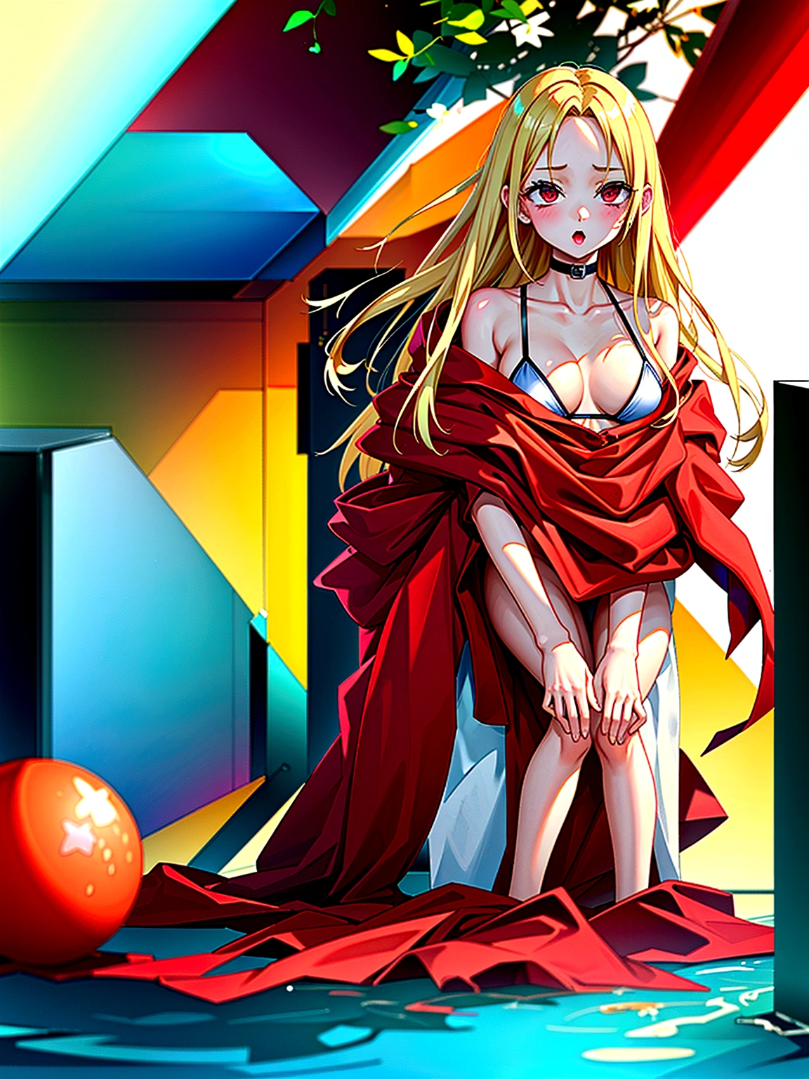 Green Bikini、Straight Hair、Forehead、Red eyes、緑のswim wears、hposing Gravure Idol、blonde  hair、Forehead、(​masterpiece、realisitic、超A high resolution、hightquality:1.2)、
1 person, (young),(without makeup), A darK-haired,

((akinanakamori))