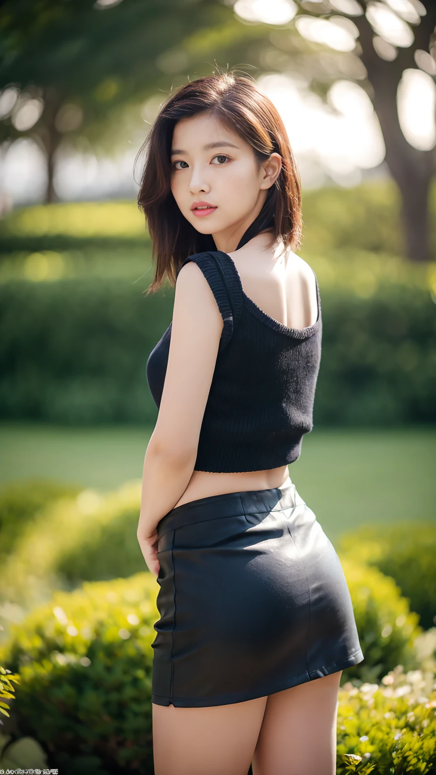 masterpiece,best quality,ultra detailed,highres,high-resolution,4k,realistic,RAW photo,((real person)),portrait photography,photorealistic,detailed skin,(delicate black eyes ), A soothing woman with sagging eyes,Calm and calm, middle hair,skinny,clothing,The wind is blowing,tareme、She is wearing a micro mini skirt, with her hands clasped behind her back, her beautiful thighs visible, and her navel showing