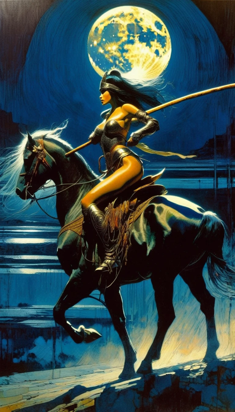 sexy warrior woman riding a horse carrying a wooden pole in one hand, moon night, large landscape (art inspired by Bill Sienkiewicz, intricate details, oil painting)