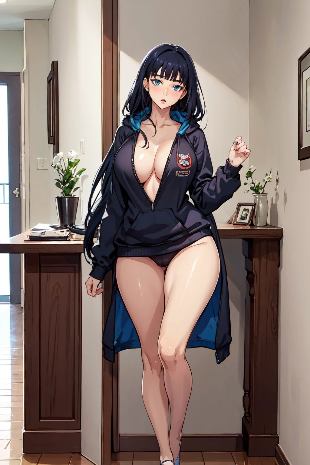 JooRidef, black hair, long hair, blue eyes, large breasts,
1girl, solo, looking at viewer,Large hoodie, no pants
masterpiece, best quality, standing up, 4k, ultra hd, masterpiece, wallpaper, 26 year old woman, mature woman, perfect image, ultra sharp image, wide hips, lips seperated,
