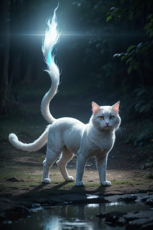 Create a Pokémon with these characteristics Fantomeow is an elegant and ethereal feline Pokémon, with fur that appears to be made of translucent, glowing mist. His body is slender and agile, resembling a common domestic cat, but with a ghostly aura. His eyes are big and luminous, glowing a soft shade of blue or green, standing out against the translucent coat.
It has delicate paws that appear to float lightly above the ground., giving it an ethereal and mysterious appearance. When it moves, Fantomeow leaves a subtle trail of mist or mist around its paws, creating an ethereal and magical effect.
If you want to view Fantomeow, can imagine a ghost cat with an elegant and gentle appearance, capable of bringing comfort and consolation to the hearts he encounters in his nocturnal wanderings.