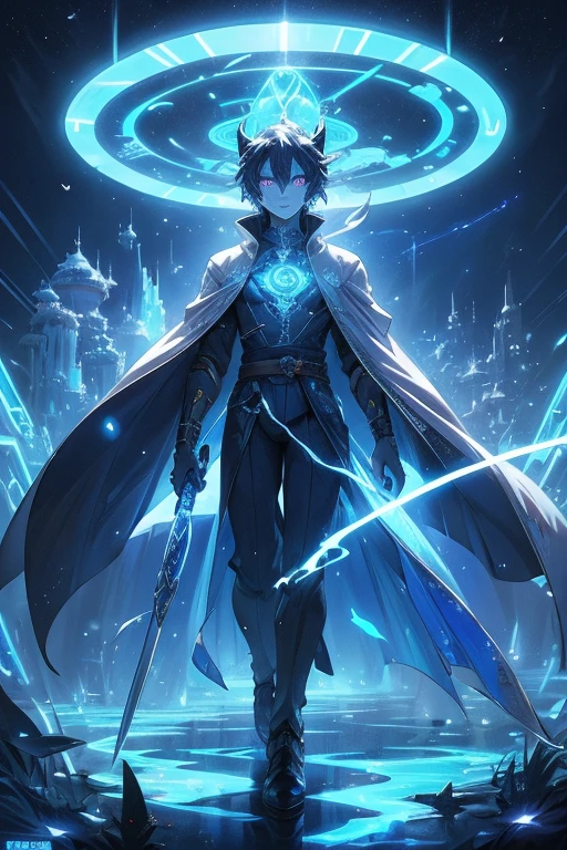 Niji mode. Full body. Ethereal sorcerer secret agent, elegant thin suit with fluid luminous white glowing magic circuits, celestial explorer emerging from a portal. Holding a longsword with glowing magic writings and long handle, glowing tattoos, magic piercings, magic stones, glowing magic eyes, advanced technology mixed with magic, magic circuits, magic tools, magic materials, developed by Technological Magic. Walking in the middle of a magical atompunk metropolis mixing technology and vegetation, the sky full of bright stars with cold colors. Wide and deep scenery with multiple planes of depth, cinematic and dynamic scene with sense of movement, view of magical glowing lights reflecting the scene, particle effects, elegant pose, aura lights, glowing, epic atmosphere, celestial splendor, galactic fragmentation . Old anime style, Studio Ghibli, Metal hurlant, art book, RPG fantasy, comicbook.