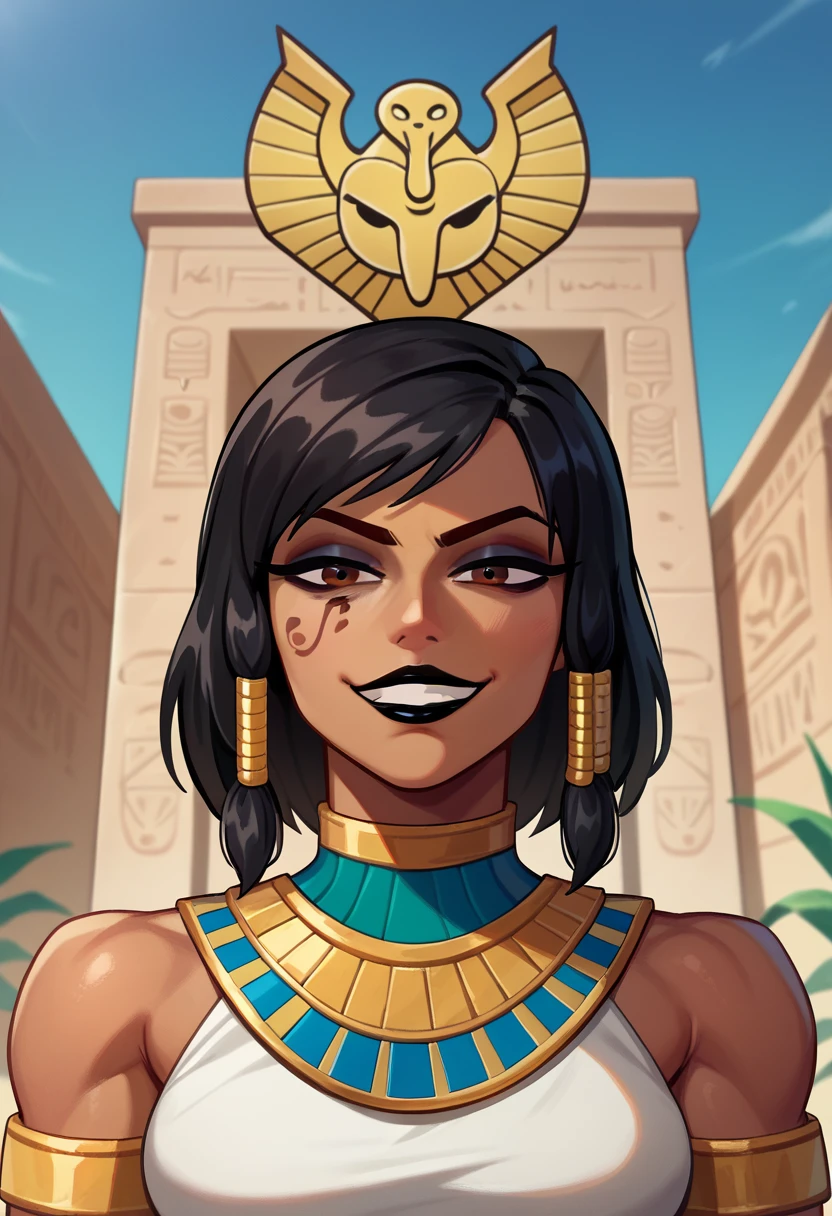 score_9, score_8_up, score_7_up, 1girl, solo, Pharah, brown eyes, (Eye of Horus), (black lipstick), portrait, smug, evil grin, Egyptian clothes, outdoors, Egyptian temple,