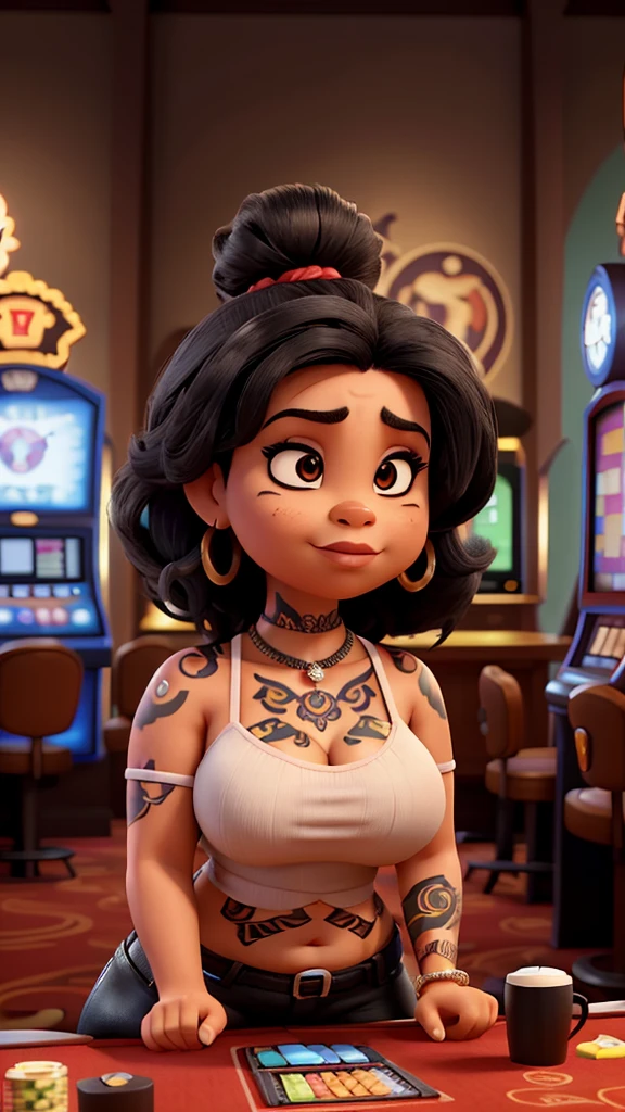 Woman with black hair, arm and chest tattoo, iphone in hand in a casino, messing with your cell phone, big lips big cilhos, angry face, chubby, sitting play House sitting next to a tiger