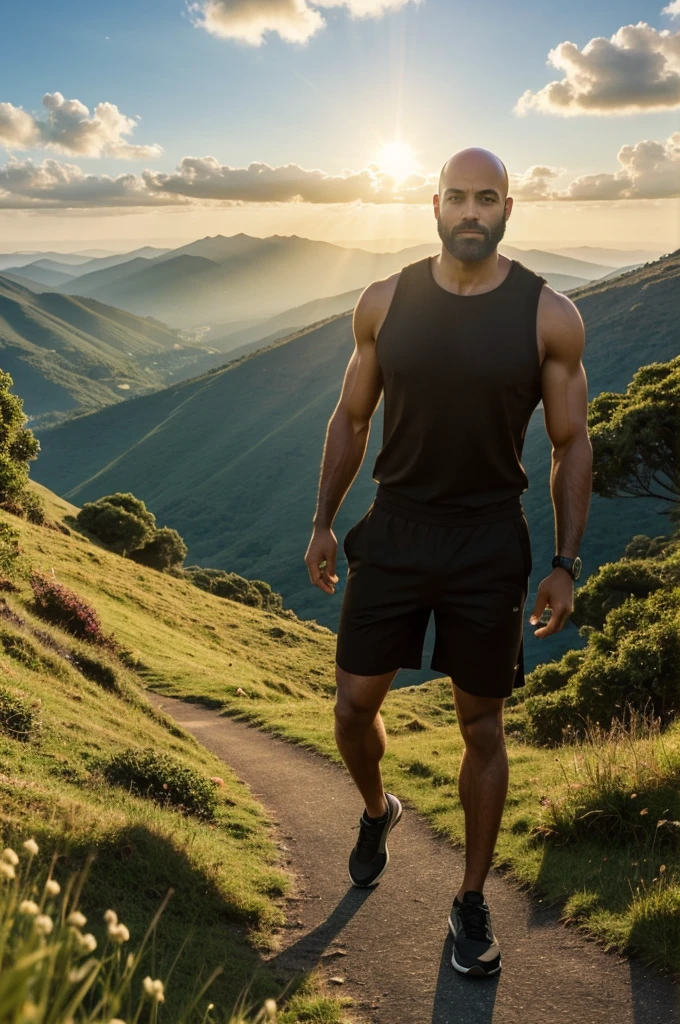 A high profile man, light brown skin, bald man with black beard, black dress, with shorts and muscular and hairy legs, with a lost look. Walking on a green mountain watching the sunrise, the sky is beautiful blue and sun rays in the distance. realistic style