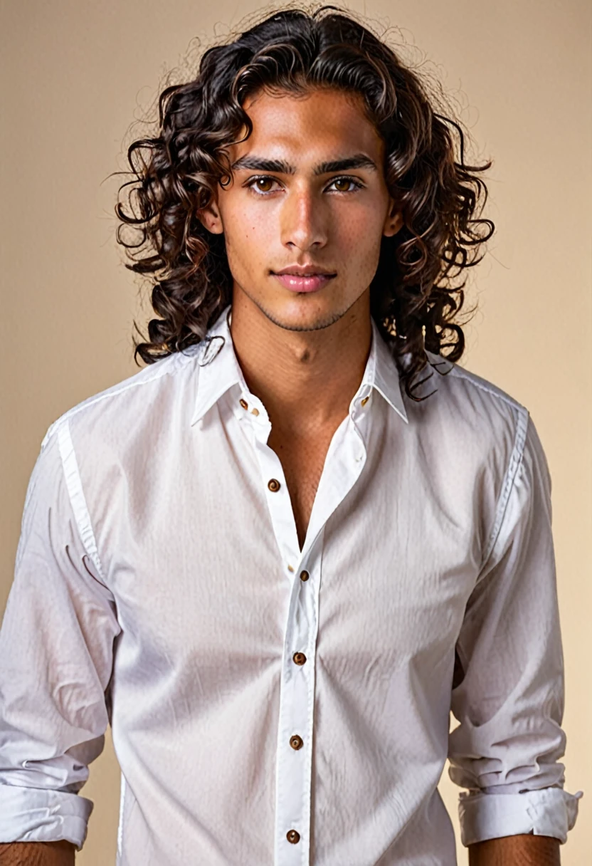Young man with brown eyes, long dark curly hair tanned skin wearing a white button down shirt, she has round ears and a captivating look 