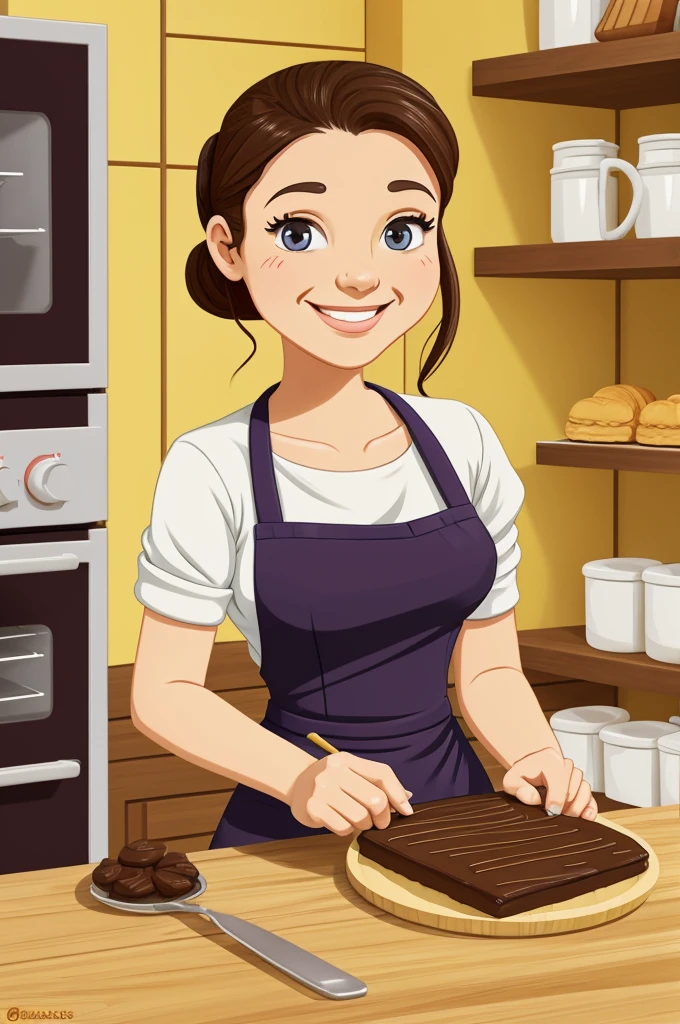 A cartoon of a pastry woman, she is honest and good, she is happy and is baking brownies