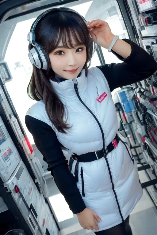 masterpiece, Highest quality, Very detailed, 8K Portrait,Japanese Android Girl,plump , Control panel,Robotic arms and legs, Blunt bangs,,break (Metallic Gray, Metallic luster, Mirror finish, Astro Best):5,headphone:5,break (Black sleeves):100,Smart Watches,Futuristic space station,Control Room,break headphone,blue eyes,(Black Hair):2,(Long Hair):1.3,Displaying the viewer,(respirator),break blush:3,Hidden Hand,smile