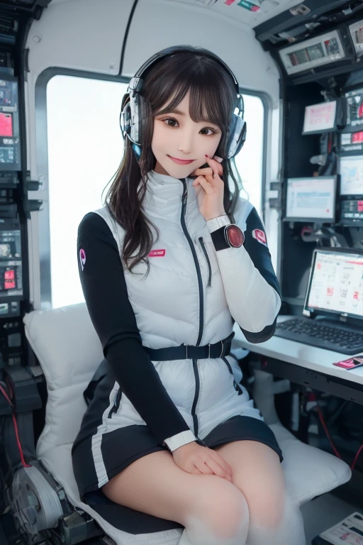 masterpiece, Highest quality, Very detailed, 8K Portrait,Japanese Android Girl,plump , Control panel,Robotic arms and legs, Blunt bangs,,break (Metallic Gray, Metallic luster, Mirror finish, Astro Best):5,headphone:5,break (Black sleeves):100,Smart Watches,Futuristic space station,Control Room,break headphone,blue eyes,(Black Hair):2,(Long Hair):1.3,Displaying the viewer,(respirator),break blush:3,Hidden Hand,smile