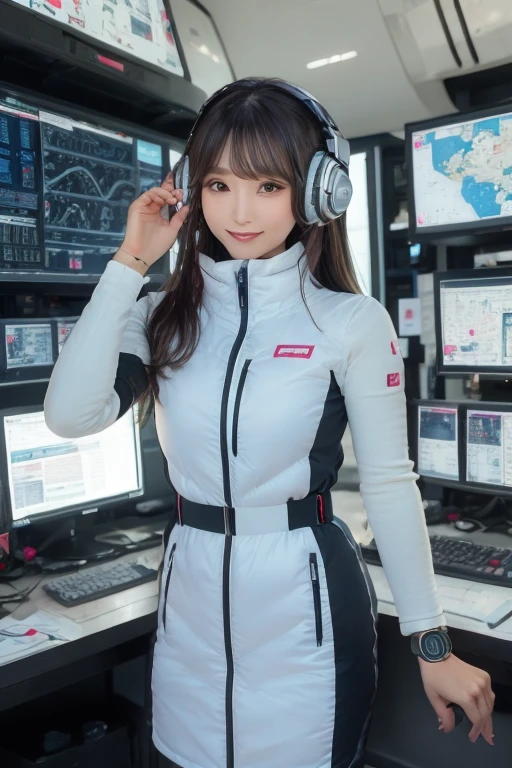 masterpiece, Highest quality, Very detailed, 8K Portrait,Japanese Android Girl,plump , Control panel,Robotic arms and legs, Blunt bangs,,break (Metallic Gray, Metallic luster, Mirror finish, Astro Best):5,headphone:5,break (Black sleeves):100,Smart Watches,Futuristic space station,Control Room,break headphone,blue eyes,(Black Hair):2,(Long Hair):1.3,Displaying the viewer,(respirator),break blush:3,Hidden Hand,smile
