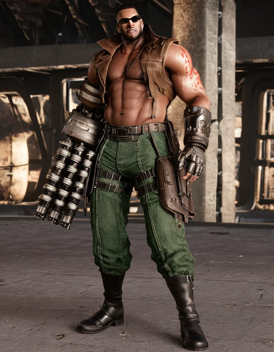 barret, dark skin male with gun arm and tattoo, sunglasses, shirtless , (( Machine underware )) , full body , black boots