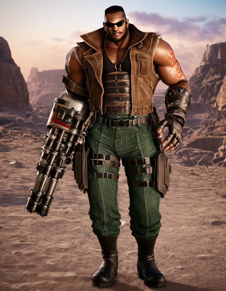 barret, dark skin male with gun arm and tattoo, sunglasses, shirtless , (( Machine underware )) , full body , black boots