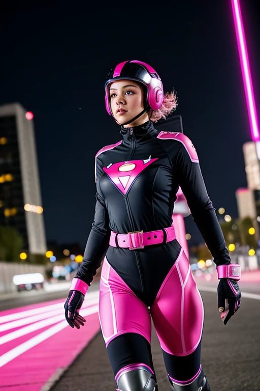 ((best quality)), ((masterpiece)), (detailed), 1 girl, full body, 20s, young adult, masked, black mask covering her entire head, smooth head, biker helmet, biker helmet with blue headphones on the sides, flashlight on her forehead, short pink hair coming out of her helmet, face, black collar, tall, slim, athletic, circles on her wrists, pink details, black fingerless gloves, pink wristbands, nanotech speedster suit that resembles light armor, blue chest with an emblem, blue chest, black suit with pink lines, pink speed emblem on her chest, pink emblem, blue pants, gray knee pads, metallic pink boots, white superhero belt, running through the city, pink light trail, laser, city background, anime