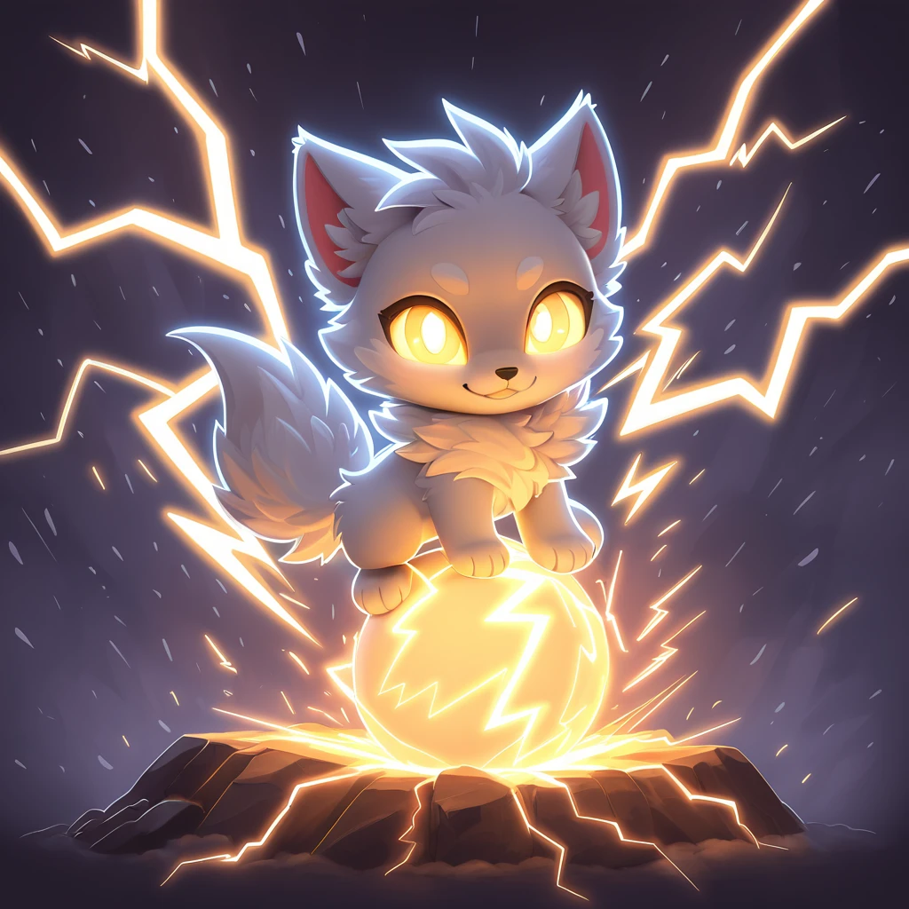 fluffy cute ball of lightning with glowing eyes and sparks and bursts of lightning bolts in a storm
