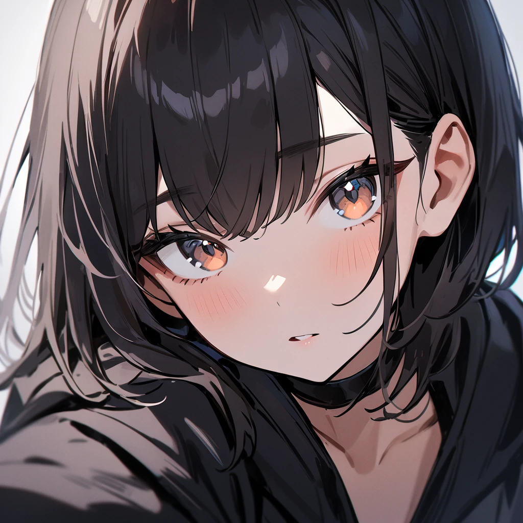 1 girl,Solo,hair,(black hair:1),portrait,masterpiece, best quality, very aesthetic, absurdres,looking at viewer,split,(Black clothing),