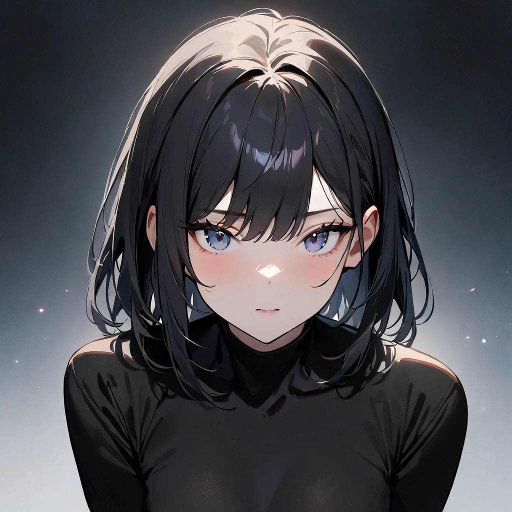 1 girl,Solo,hair,(black hair:1),portrait,masterpiece, best quality, very aesthetic, absurdres,looking at viewer,split,(Black clothing),