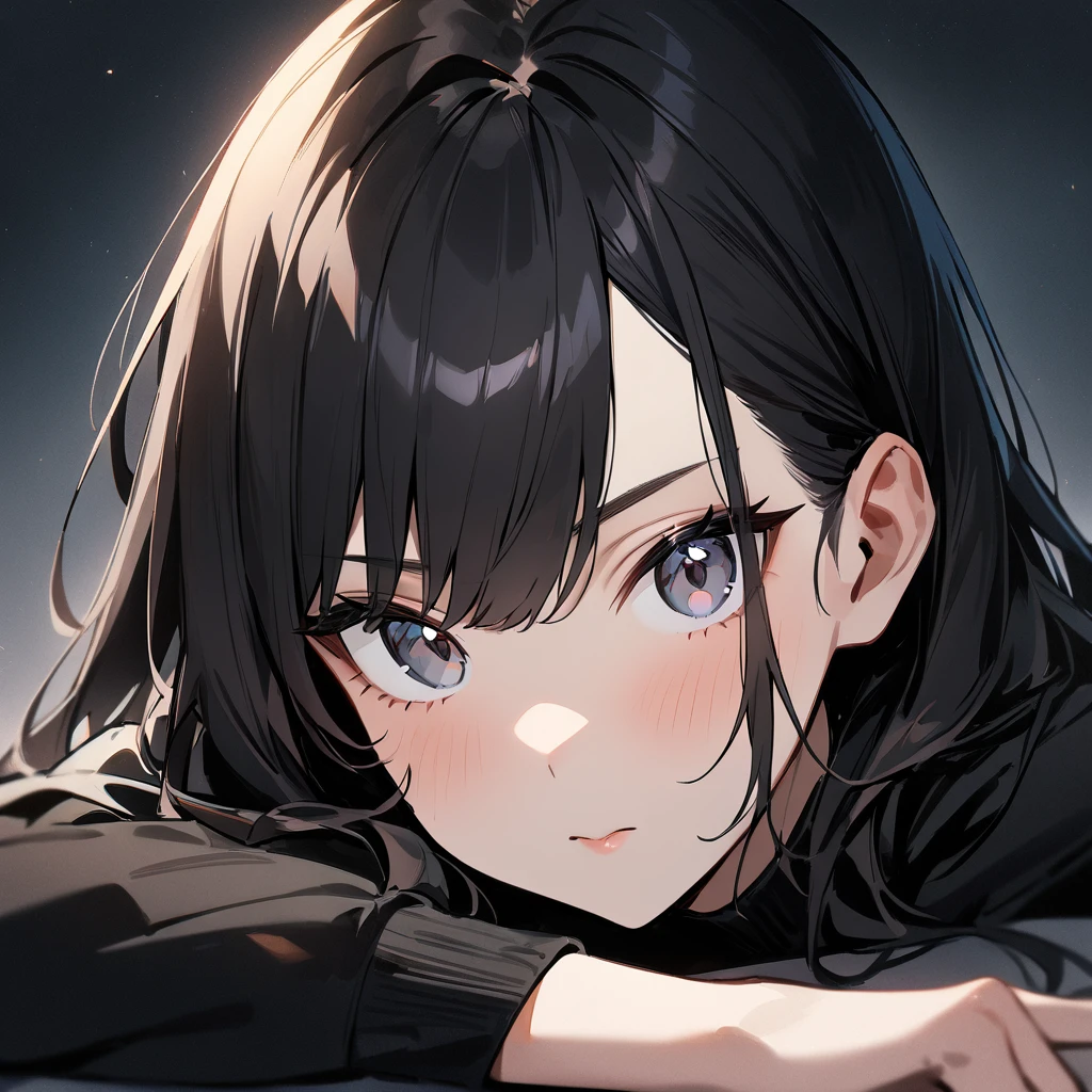 1 girl,Solo,hair,(black hair:1),portrait,masterpiece, best quality, very aesthetic, absurdres,looking at viewer,split,(Black clothing),