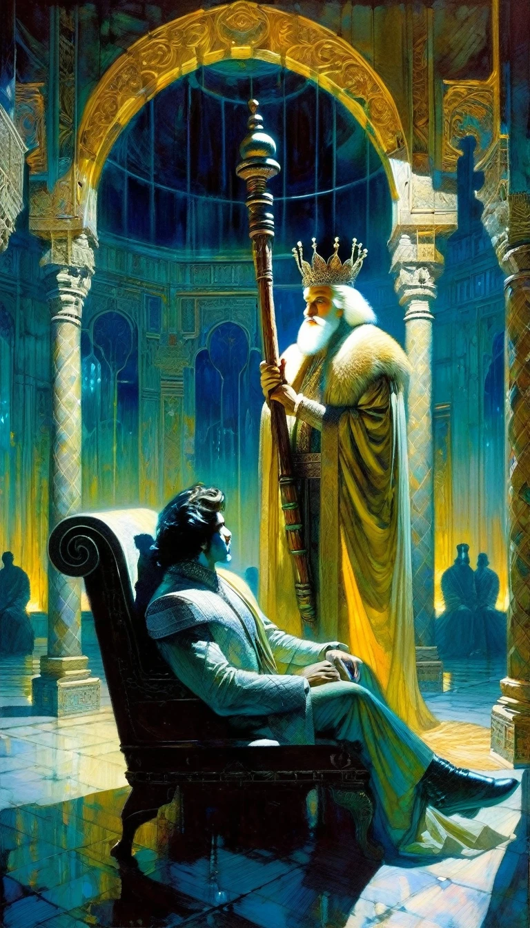 charismatic and attractive king on his throne, large palace room, carrying a wooden post in one hand, we see through the moonlit night window, large landscape (art inspired by Bill Sienkiewicz, intricate details, oil painting)