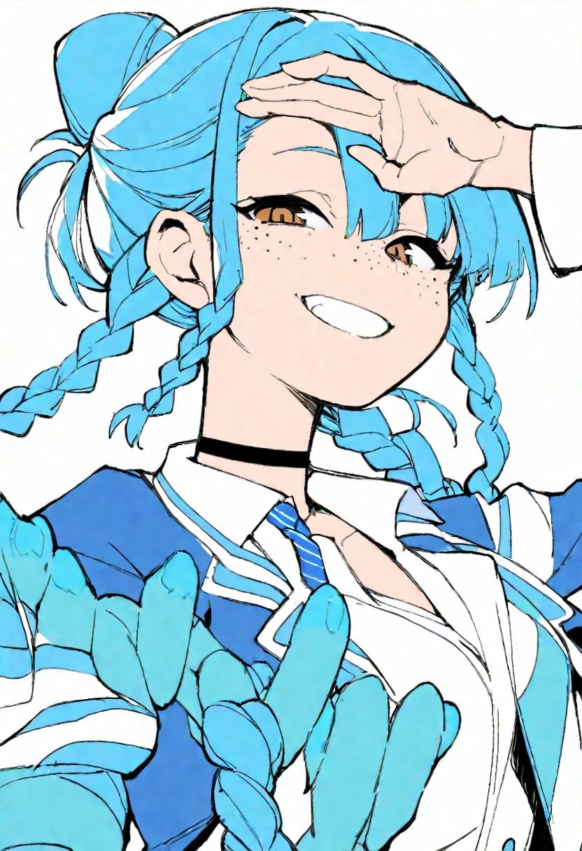 Flat Color, One girl, 一人in, tie, Double Bang, in, smile, Jacket, choker, Braiding, Hair Bun, looking at iniewer, shirt, Simple Background, Upper Body, Blue background, Manicure, Blue Claws, collared shirt, Brown eyes, bangs, blue tie, black choker, white shirt, Blue Hair, freckles, Grin, striped tie, long sleeines, open Jacket, blue Jacket, twin Braidings, Raise your hand, Flat Color