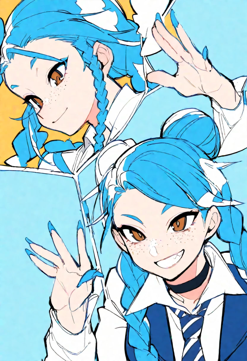 Flat Color, One girl, 一人in, tie, Double Bang, in, smile, Jacket, choker, Braiding, Hair Bun, looking at iniewer, shirt, Simple Background, Upper Body, Blue background, Manicure, Blue Claws, collared shirt, Brown eyes, bangs, blue tie, black choker, white shirt, Blue Hair, freckles, Grin, striped tie, long sleeines, open Jacket, blue Jacket, twin Braidings, Raise your hand, Flat Color