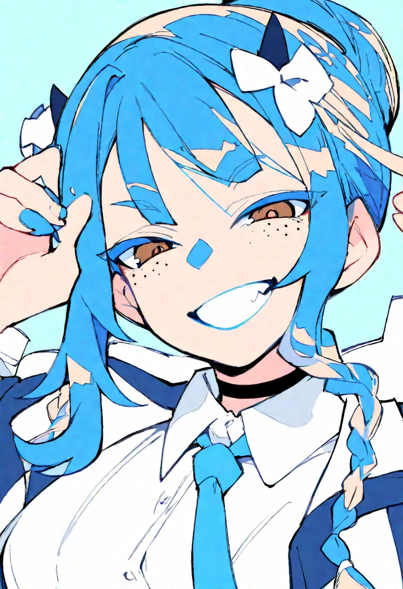 Flat Color, One girl, 一人in, tie, Double Bang, in, smile, Jacket, choker, Braiding, Hair Bun, looking at iniewer, shirt, Simple Background, Upper Body, Blue background, Manicure, Blue Claws, collared shirt, Brown eyes, bangs, blue tie, black choker, white shirt, Blue Hair, freckles, Grin, striped tie, long sleeines, open Jacket, blue Jacket, twin Braidings, Raise your hand, Flat Color