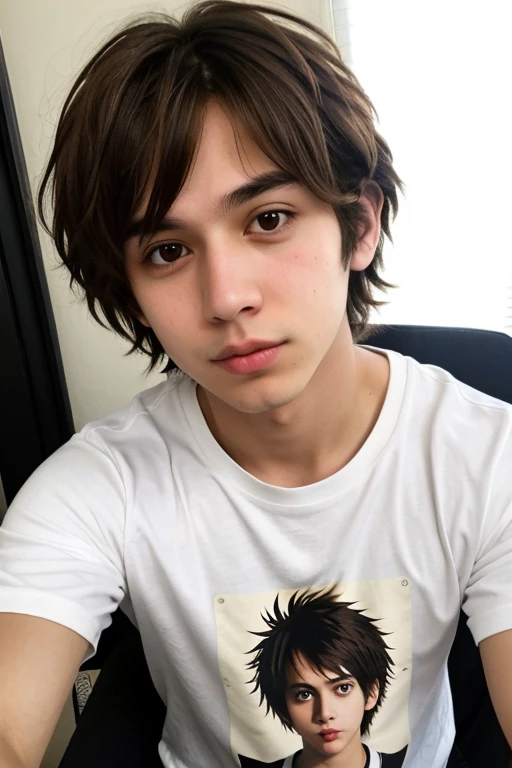 A boy Wavy and brown hair Brown eyes Nose and lip piercing T-shirt from death note the anime and let it be a selfie Delicate features and big eyes