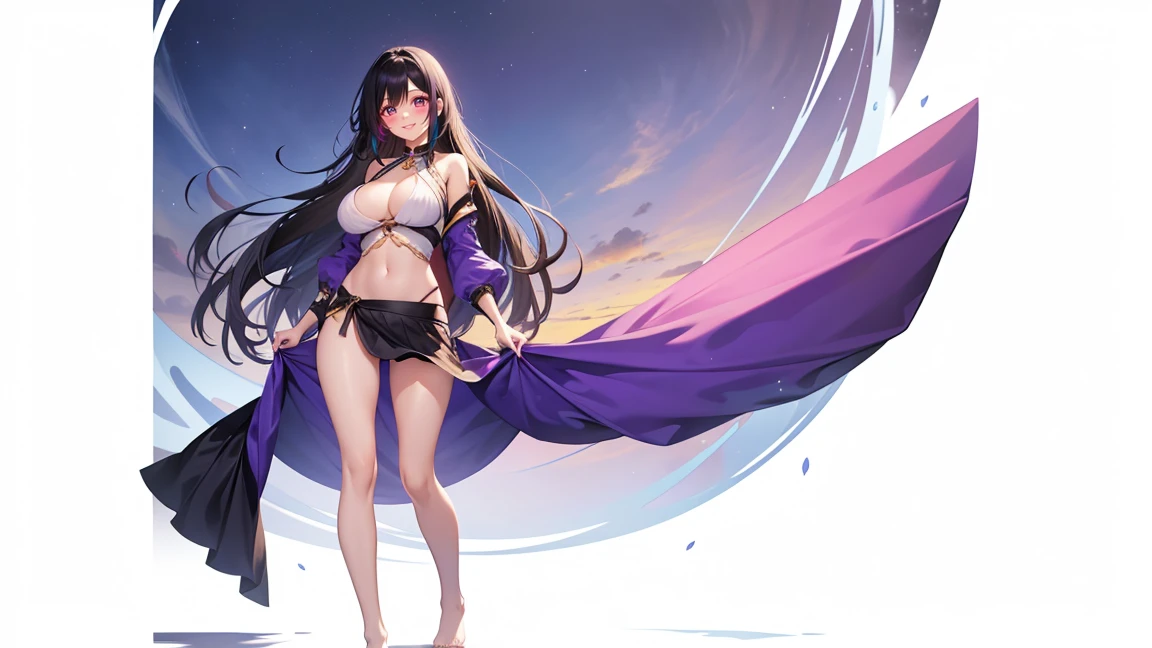 1girl, very tall, thin, masterpiece, very aesthetic, long hair, looking at viewer, blush,  (top round ), :), trikini, swept bangs, purple eye, standing, (full body), black hair, long legs,  feet, sarong wrap skirt, thigh gap, white background