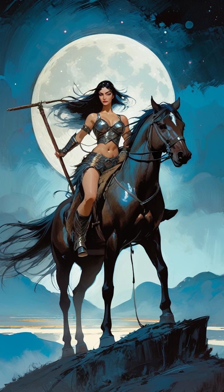sexy warrior woman riding a horse carrying a wooden pole in one hand, moon night, large landscape (art inspired by Bill Sienkiewicz, intricate details, oil painting)
