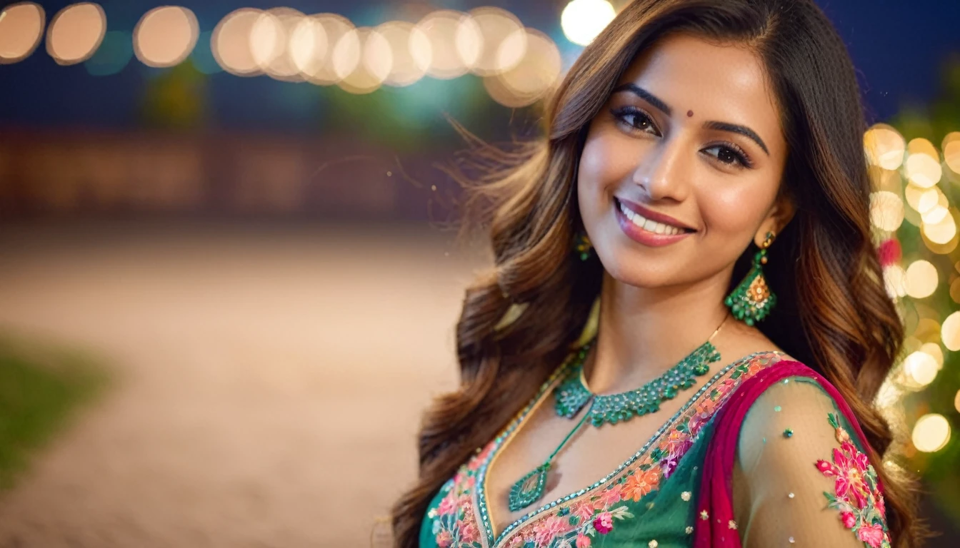 hires headshot photo of a beautiful 25 -year-old desilatte  woman, smiling, embroidered  ethnic dress, dynamic pose, highly textured skin, outdoors night time, background bokeh