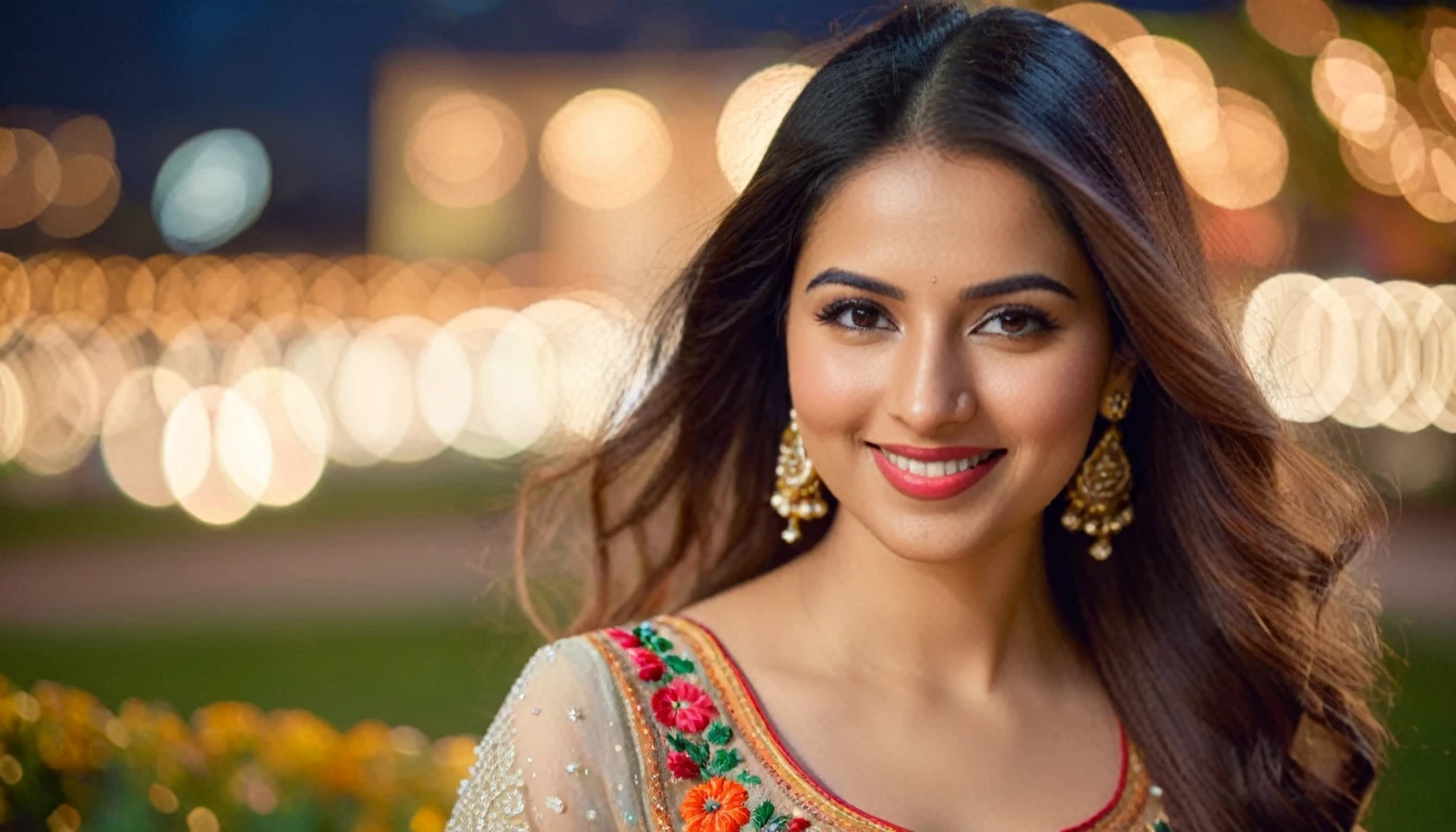 hires headshot photo of a beautiful 25 -year-old desilatte woman, smiling, embroidered ethnic dress, dynamic pose, highly textured skin, outdoors night time, background bokeh