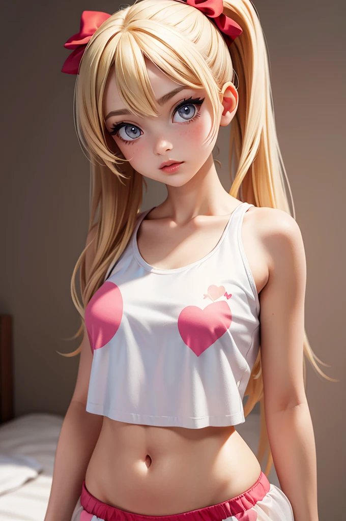 hyperrealistic 14 year old american , blonde, perfect tiny body, sexy, dark makeup, perfect slim face, big red lips, very cute face, tiny body, big eyes, young looking, childish looking, sexy pijama, two ponytails, nice big breasts