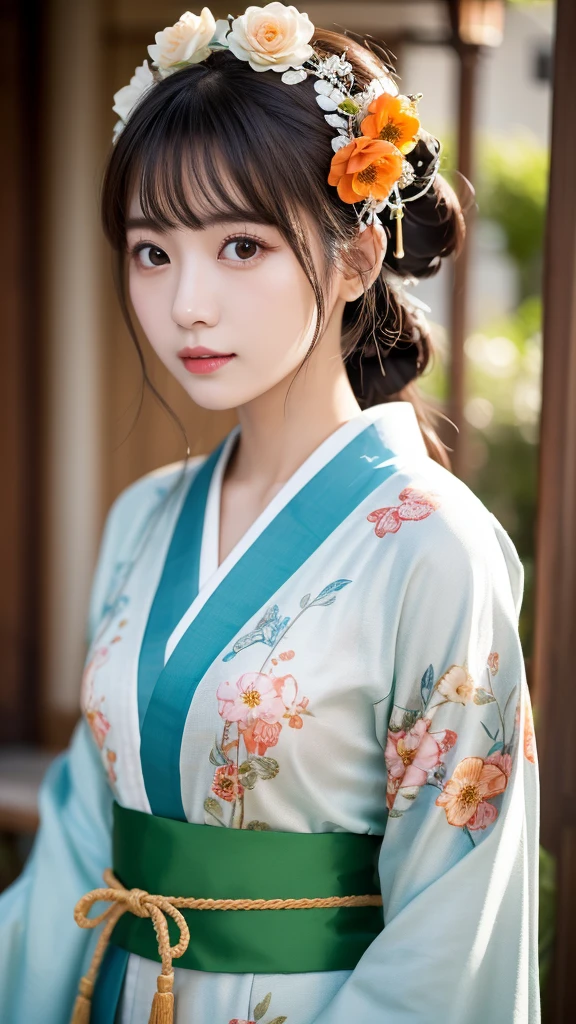 Detailed portrait of a young woman with long flowing white hair and a gorgeous floral ornament。Flowers red、purple、green、In various colors such as white、Creating gorgeous and intricate headpieces。She is wearing a kimono, a traditional Japanese dress.、green、orange、Floral pattern painted in white tones。The kimono is decorated with detailed colorful flowers and intricate designs。Her expression is calm and serious.、大きな表情豊かなpurpleの目をしています。The lighting is bright、Her features and outfits、Highlights accessory details。The background is pure white、Highlights the character and its gorgeous appearance。
profile