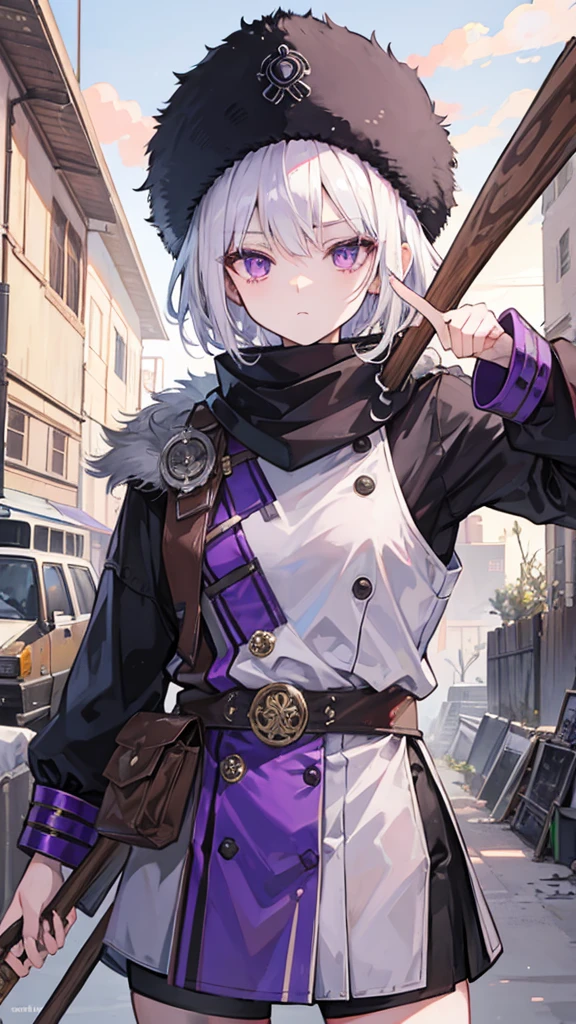 Female, White hair, purple eyes, cool, 148 cm, 18 years, Wooden Stick, short hair, Raider Heavy Armor, Turtle's Rusty bracelet, Ushanka Hat2, Tomboy, wasteland