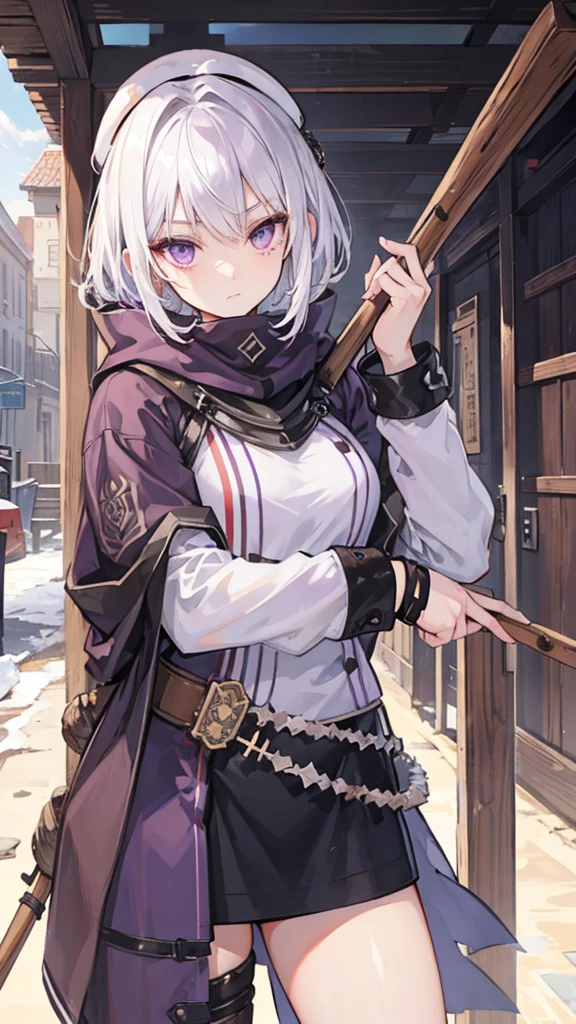 Female, White hair, purple eyes, cool, 148 cm, 18 years, Wooden Stick, short hair, Raider Heavy Armor, Turtle's Rusty bracelet, Ushanka Hat2, Tomboy, wasteland