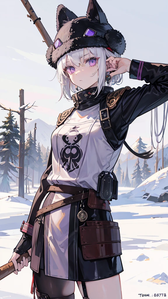 Female, White hair, purple eyes, cool, 148 cm, 18 years, Wooden Stick, short hair, Raider Heavy Armor, Turtle's Rusty bracelet, Ushanka Hat2, Tomboy, wasteland