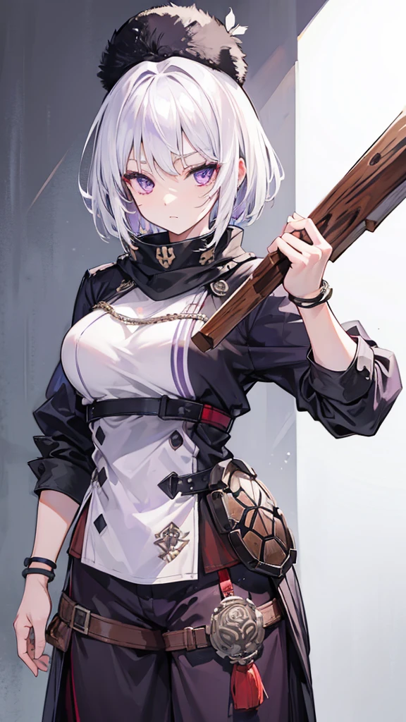 Female, White hair, purple eyes, cool, 148 cm, 18 years, Wooden Stick, short hair, Raider Heavy Armor, Turtle's Rusty bracelet, Ushanka Hat2, Tomboy, wasteland