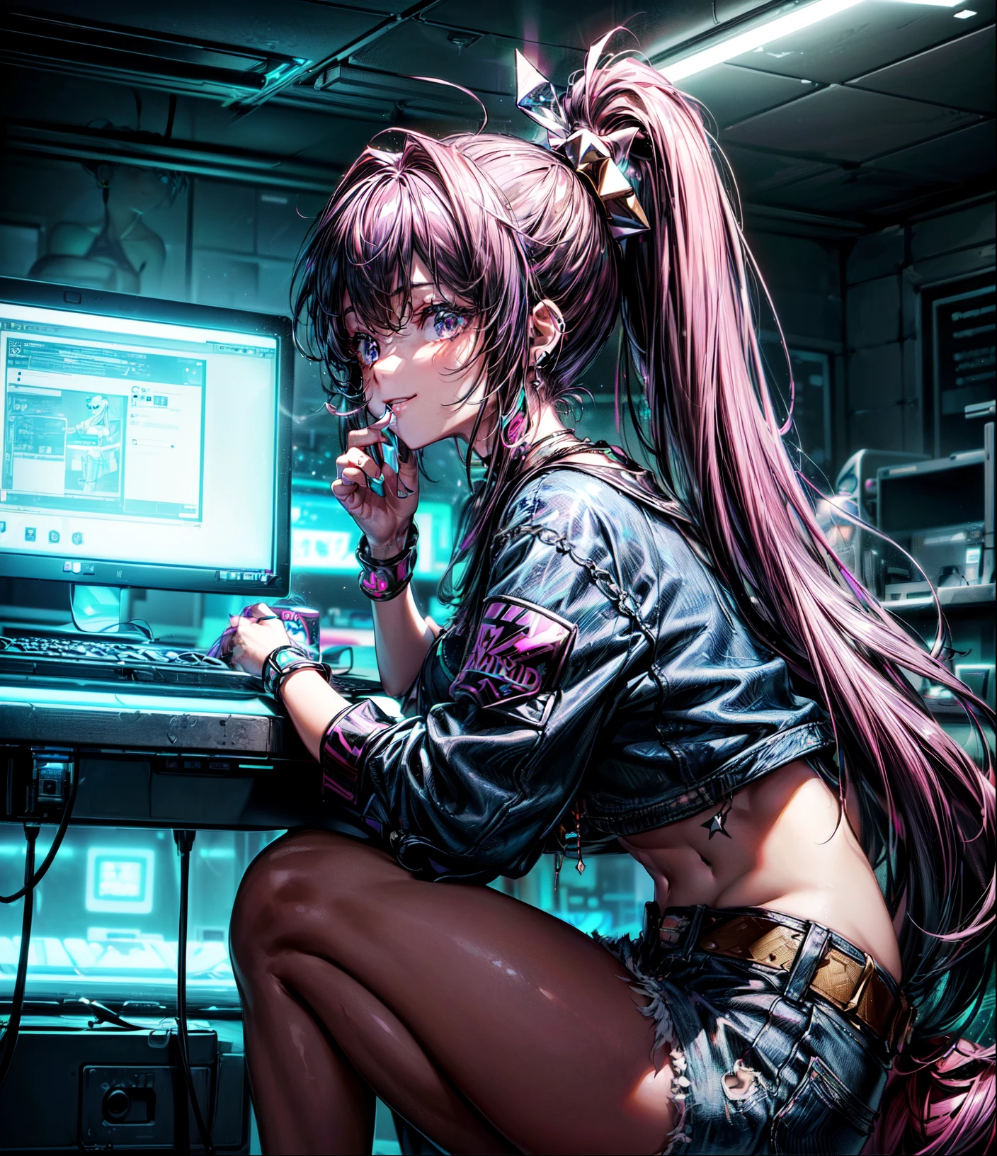 最high quality、best image quality、masterpiece、girl((20-year-old、 By becoming、vest 、,wide open  tea、shining eyes, neon hair、long hair、thin,highest valley、ponytail、Damaged Denim Shorts、black navel shirt、Damaged Denim Jacket、smile、full body tattoo,diamond earrings、Wristband、necklace、drink energy drink、leaning forward、elation)),high quality、beautiful art、background((Hacker Room、server room、neon lighting、computer stand、Laptop))、Flight、debris flies、Depth of written boundary、movie、visual art、perfect art、8k,genuine、