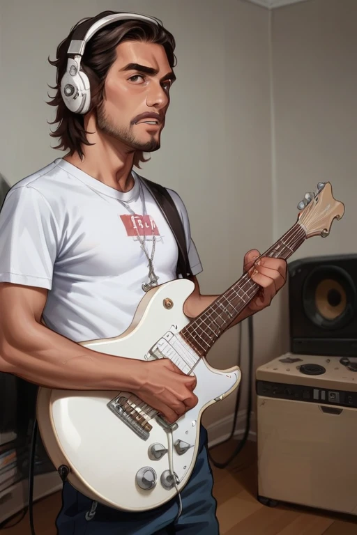 a young man indonesia (realistic),play electric guitar and sing with headphone and use stand mix, with with t-shirt inscribed khansa,at in extra large studio recording inscribed (khansa studio)