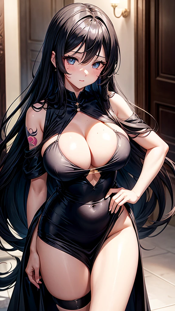 A gentle motherly anime girl with big  and  figure in black dress with long shiny hair's, beautiful eyes, and a small tattoo on her  and a mole under her eyes 