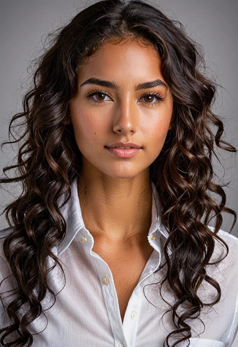 Young woman with brown eyes, long dark curly hair tanned skin wearing a white button down shirt, she has round ears and a captivating look