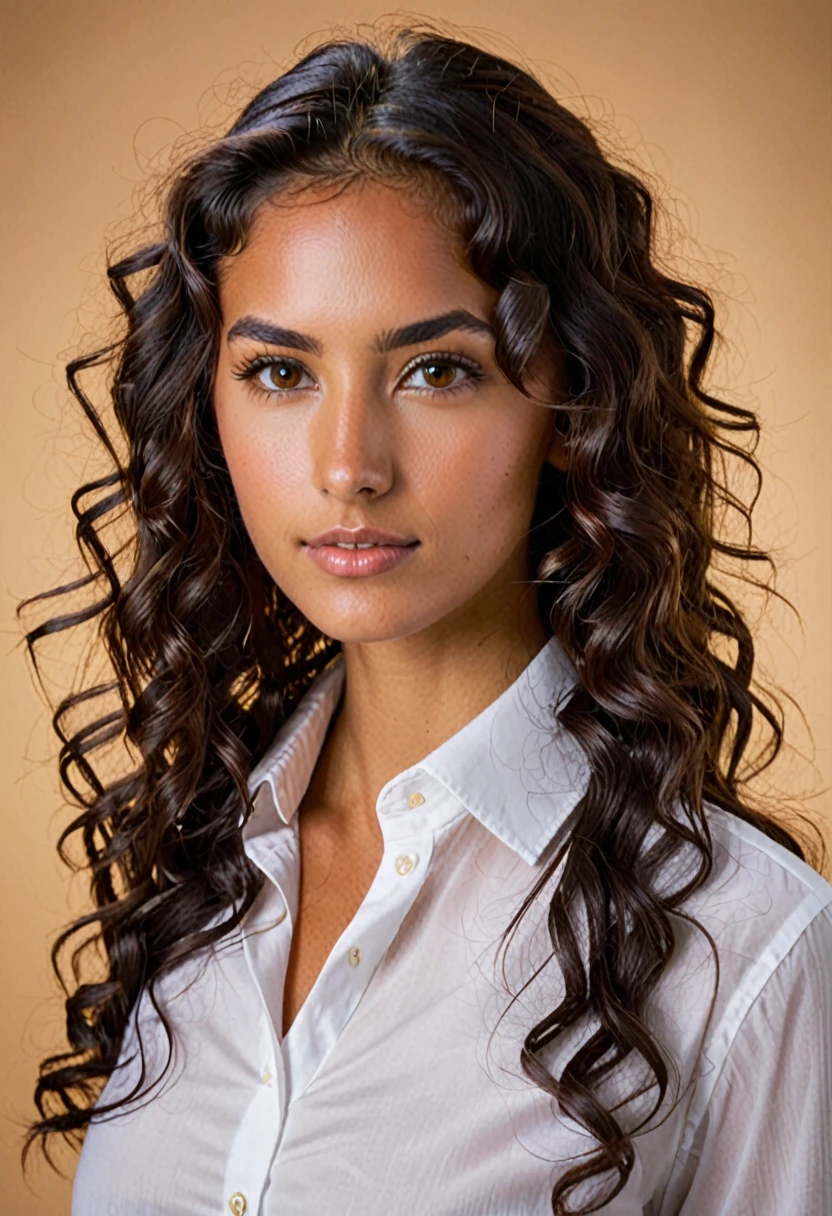 Young woman with brown eyes, long dark curly hair tanned skin wearing a white button down shirt, she has round ears and a captivating look 