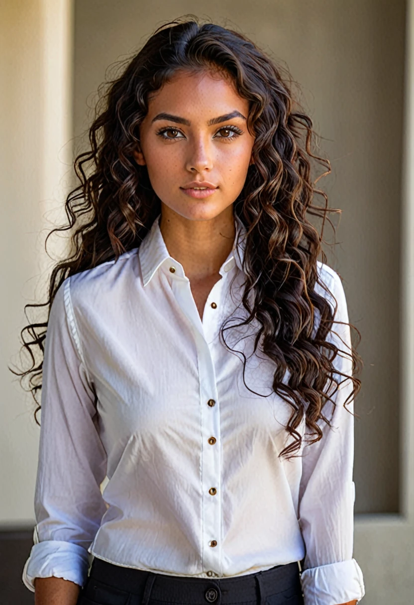 Young woman with brown eyes, long dark curly hair tanned skin wearing a white button down shirt, she has round ears and a captivating look