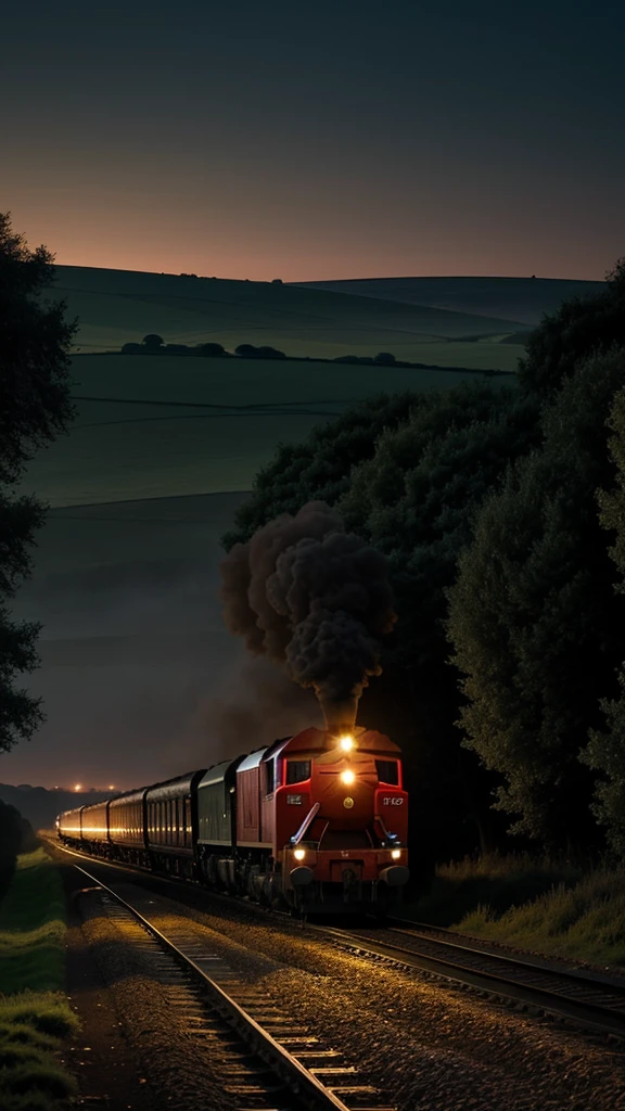 A darkened countryside scene with an old Royal Mail train moving under the cover of night, evoking the secretive atmosphere of the heist.