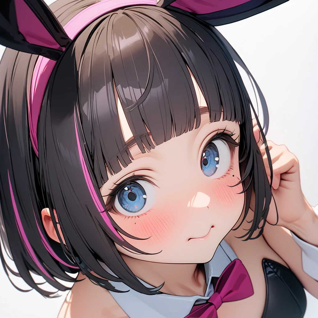 (8K,4K,best quality, master piece: 1.2), super high resolution,1 Beautiful woman,16yo,ultra-detailed face, detailed eyes,mascara,(tareme),(mole under eye),:>,playboy ,black leotard,bowtie, wrist cuffs,blunt bangs,fake rabbit ears,(black hair, pink streaked hair),bob cut,looking at viewer,face focus,Plain white background