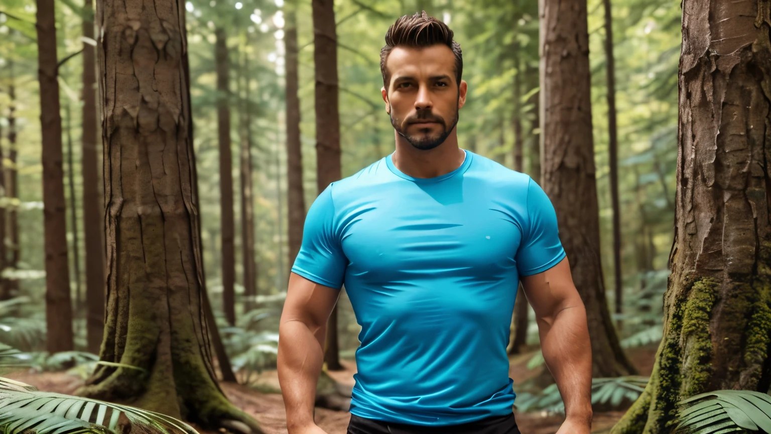 A man, 30 years old. Skin: Tanned. Hair: Short, brown hair, taper. Eyes: Blue. Features: Square jaw, goatee, neutral expression. in forest. Wearing a cyan t-shirt, t-shirt without prints, blue pants and boots. (holding a small axe)