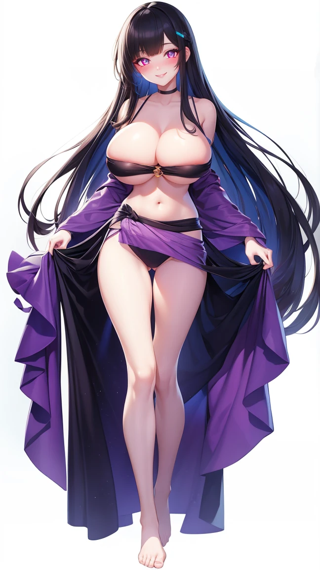 1girl, very tall, thin, masterpiece, very aesthetic, long hair, looking at viewer, blush, big breasts (top round tits), :), trikini, swept bangs, purple eye, standing, (full body), black hair, long legs, bare feet, sarong wrap skirt, thigh gap, white background