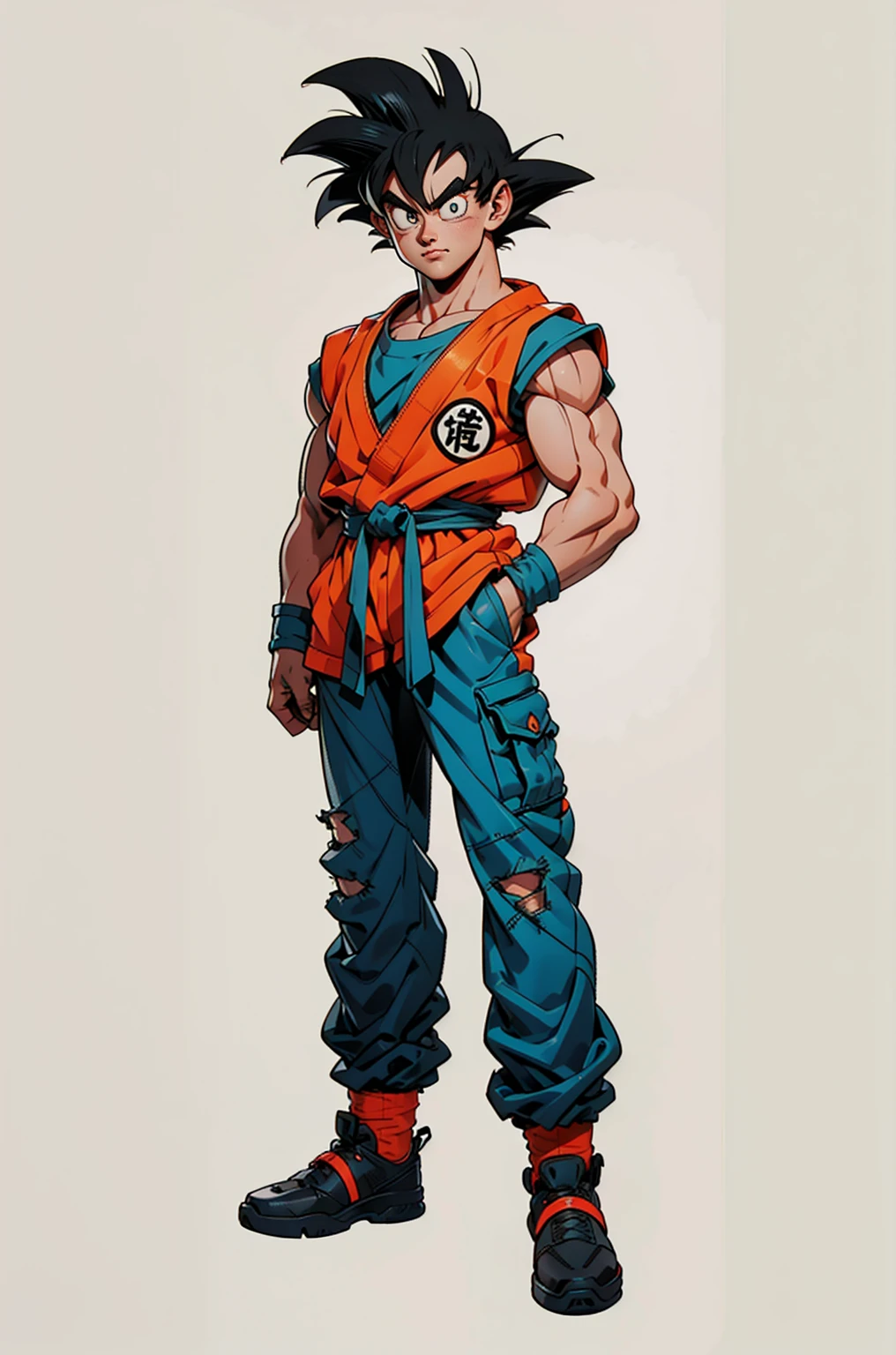 1man, fashion outfit, son goku from dragon ball, akira toriyama style, full body, detail, face detail, amazing art, simple background, eyes detail, uhd, 4k, amazing art. armani model