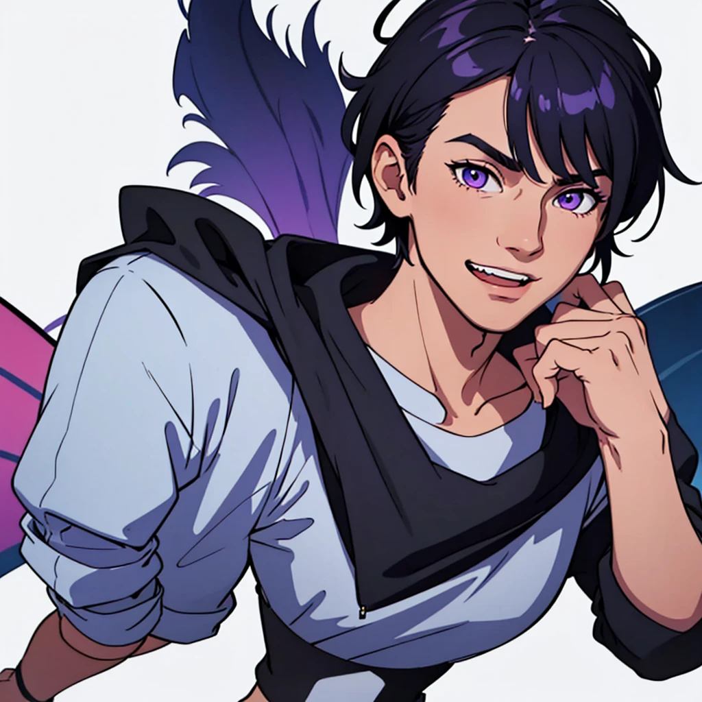full face visible, looking towards camera, looking forward, short black hair, highres, high resolution, masterpiece, wide purple eyes, talking, neutral face, confident, masterpiece, best quality, highres, 1 man, 1 person, 1 entity, Baro Shoei blue lock, extremely short hair, black hair, short hair, ager, colorful hair, light background, full body, teen, colorful parts, symbols, dark , bold, realistic mixing dark lines and loose lines, bold lines, on paper, human man, full body, imposing pose, stylish outfit, dark theme, handsome, attractive, boastful, standing, male, sharp chin, wide jaw, square face, white background, highres, high resolution, masterpiece, lighthearted smile, smiling, happy, joy, talking, speaking, mouth moving, mouth open